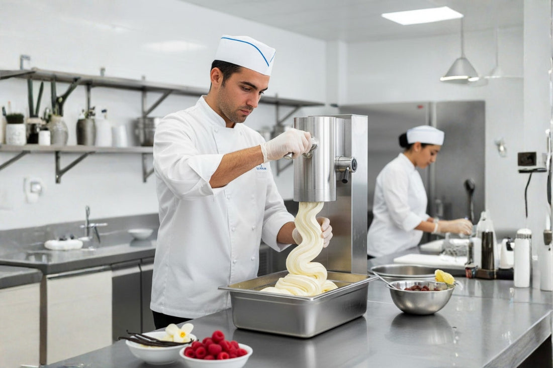 Photo de couverture : Artisan glacier dans son laboratoire moderne, maîtrisant le coût caché et la consommation énergétique de sa machine professionnelle.