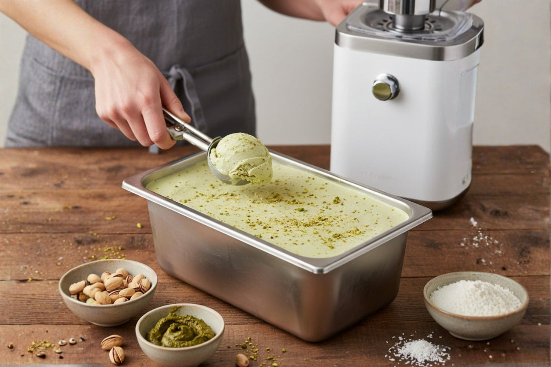 Image principale : Turbine Frigomat professionnelle (GX4) et glace végétale sans lactose crémeuse, illustrant la réussite des recettes avec un équipement adapté.